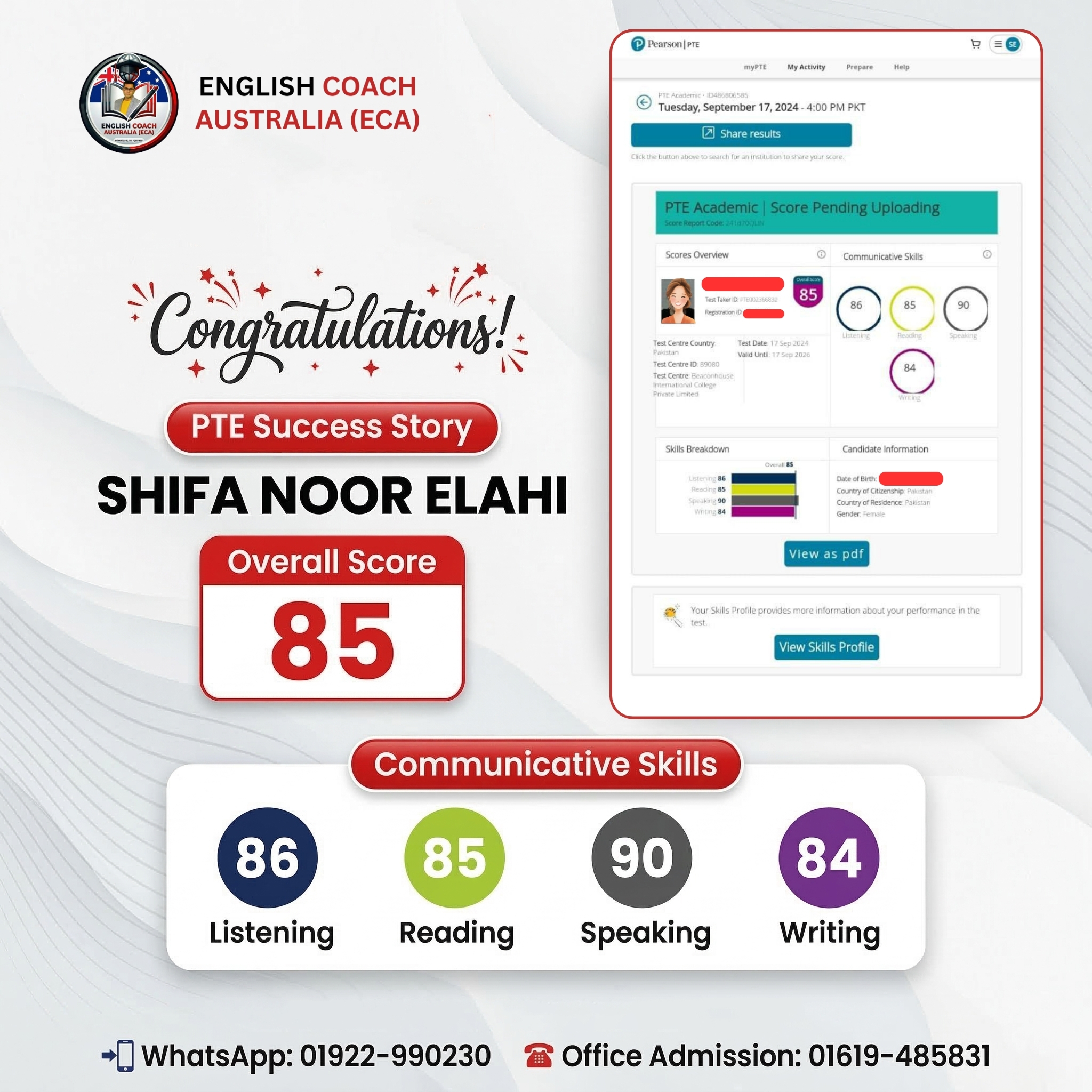 Shifa Noor Elahi PTE Success Story